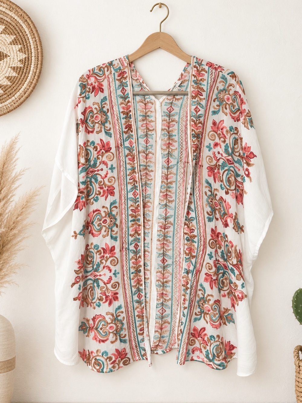 Umgee White Embroidered Open-Front Tunic Kimono Size M-L Western Boho